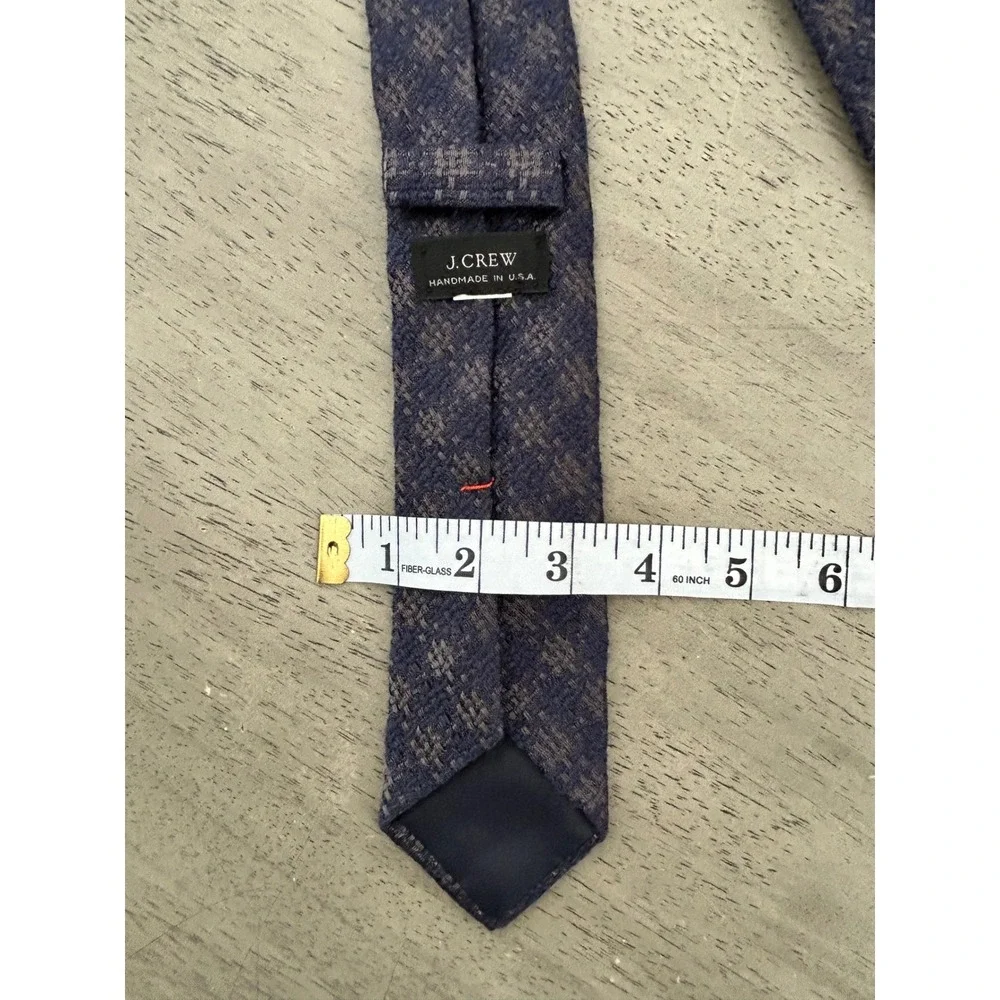 J.Crew Mens Navy Blue Brown Textured Geometric Necktie Handmade in USA‎ Slim Tie